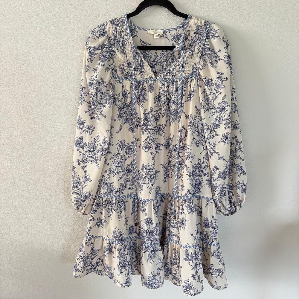 Entro Blue Floral Toile Print Long Sleeve Mini Dress (S)